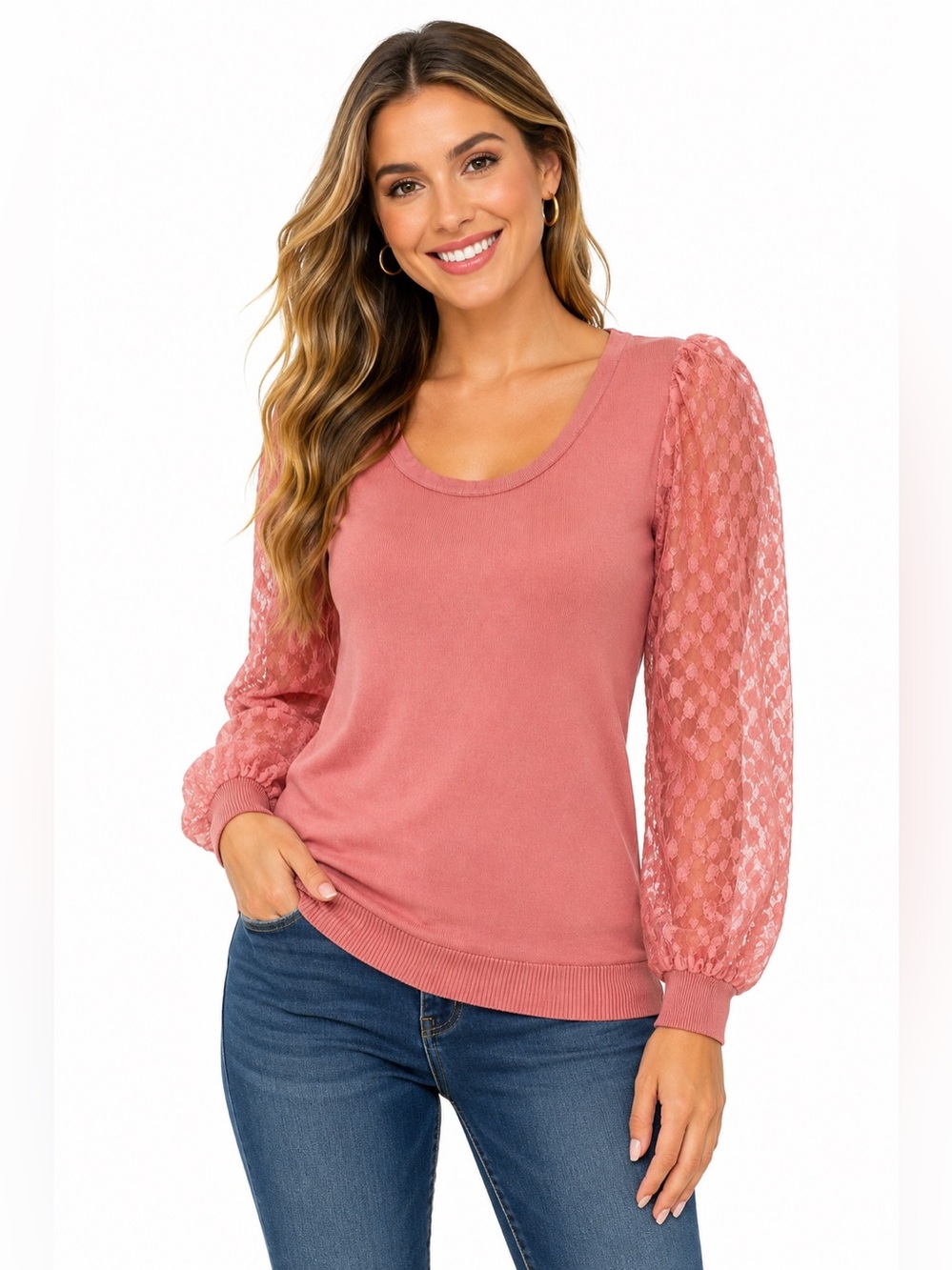 Love Ever After Scoop Neck Puff Sleeve Sweater - Blush Pink - Picture 1 of 7